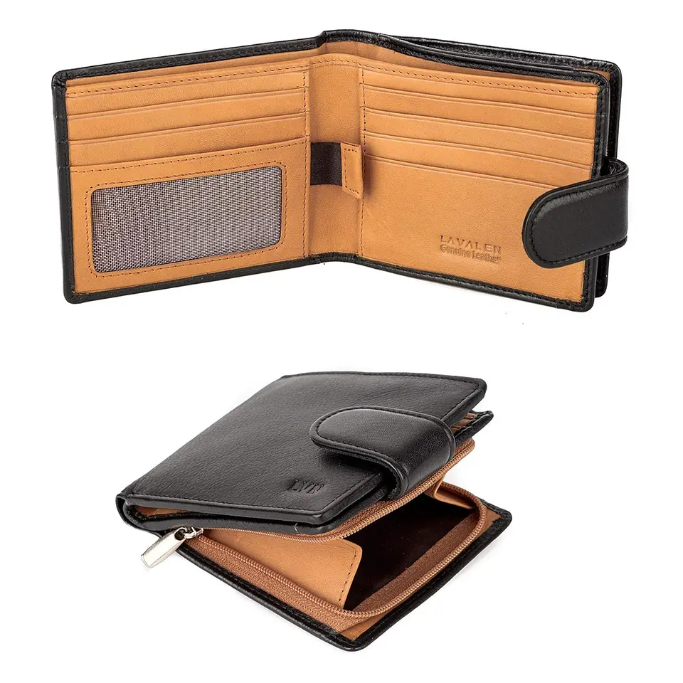 Billetera Hombre Lavalen 3715 Negro Camel en Cuero RFID 1