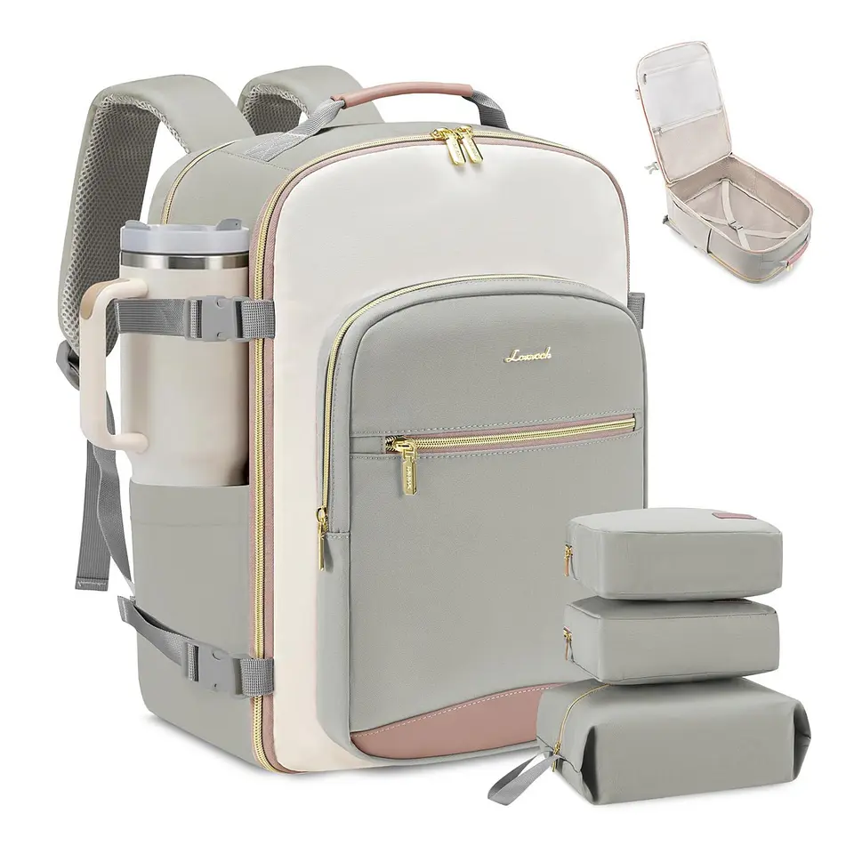 Morral de Viaje LOVEVOOK 40L Gris Claro Crema Rosa con 3 Organizadores 1
