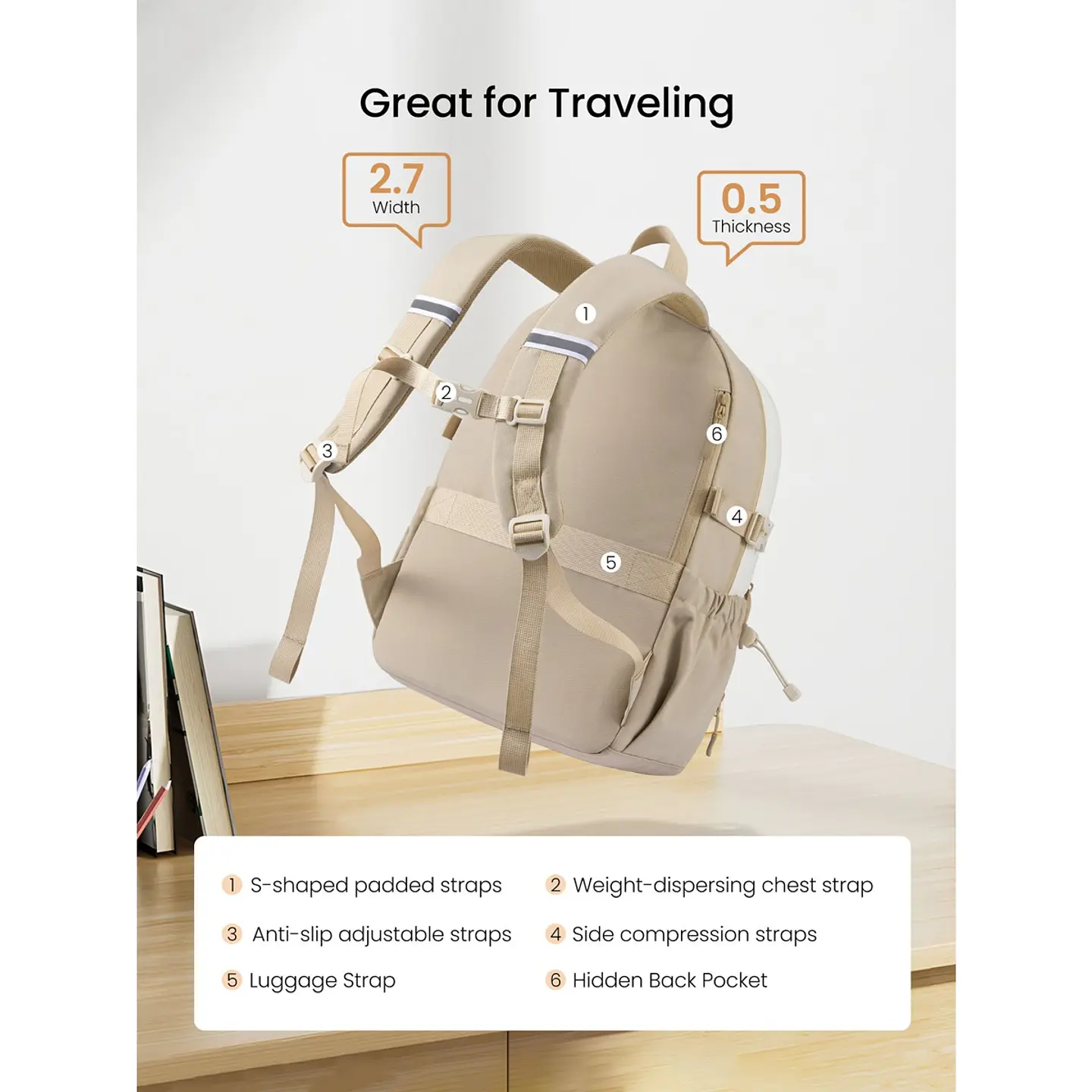 Morral Escolar LOVEVOOK 5699 Crema Khaki con Estrella para Laptop 17.3 pulgadas 3