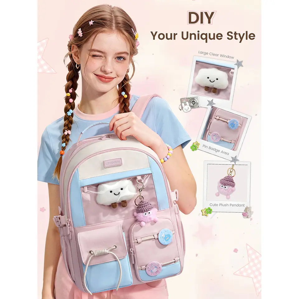 Morral Escolar LOVEVOOK 5583 Rosa y Azul Cielo para Laptop 15.6 pulgadas 4