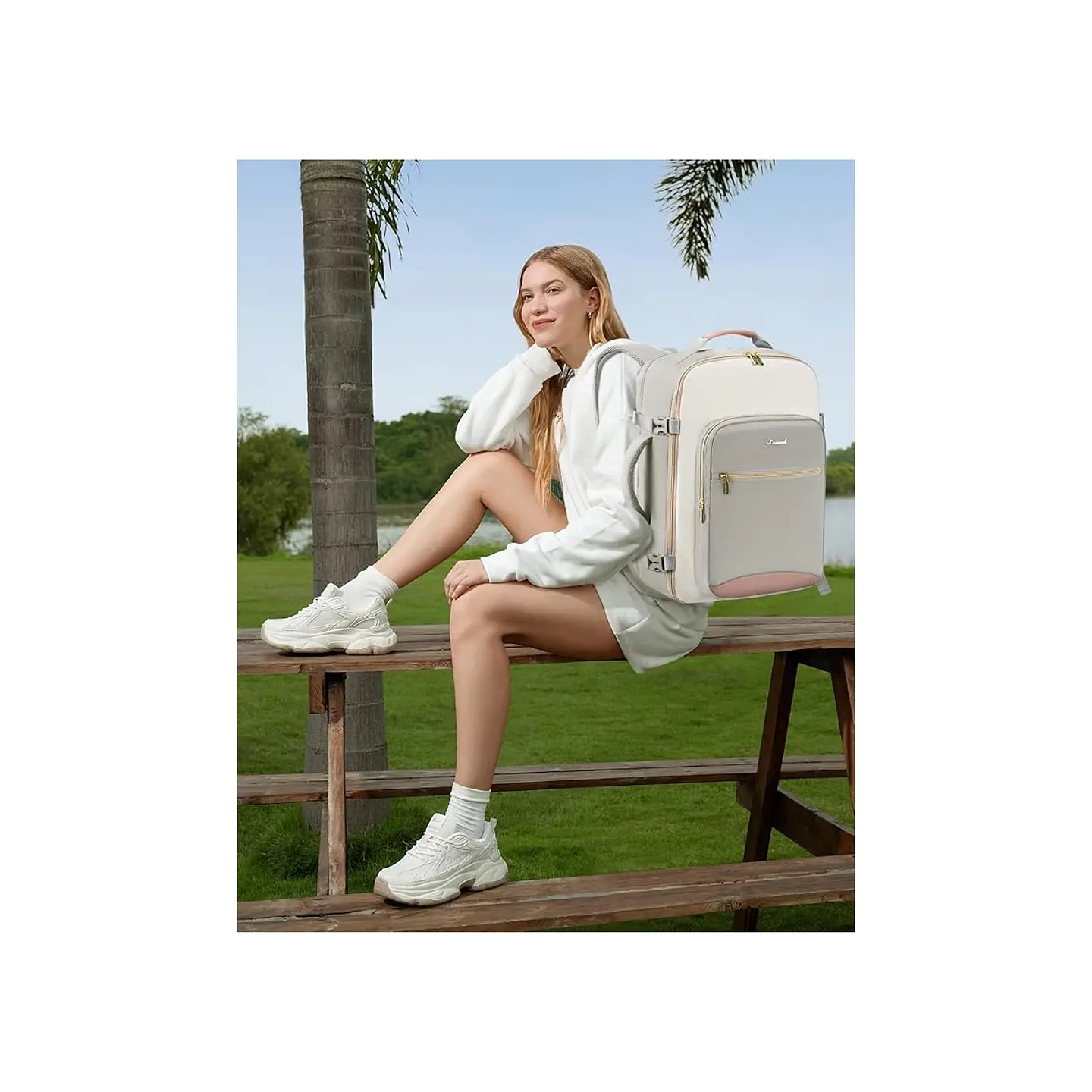 Morral de Viaje LOVEVOOK 40L Gris Claro Crema Rosa con 3 Organizadores 2