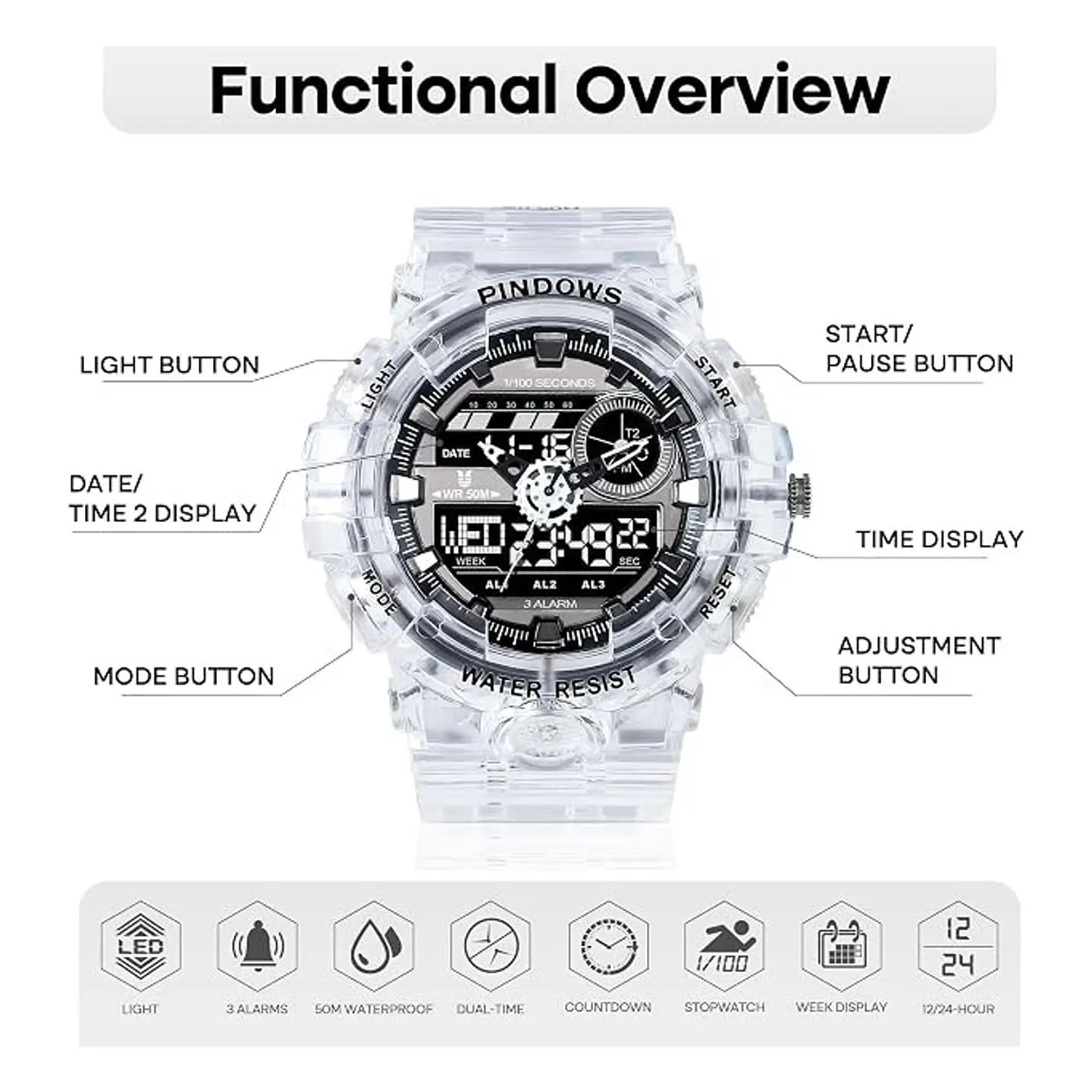 Reloj Deportivo PINDOWS Transparente Negro Analógico Digital 2