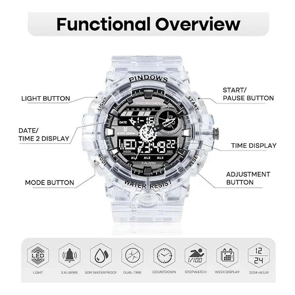 Reloj Deportivo PINDOWS Transparente Negro Analógico Digital 2