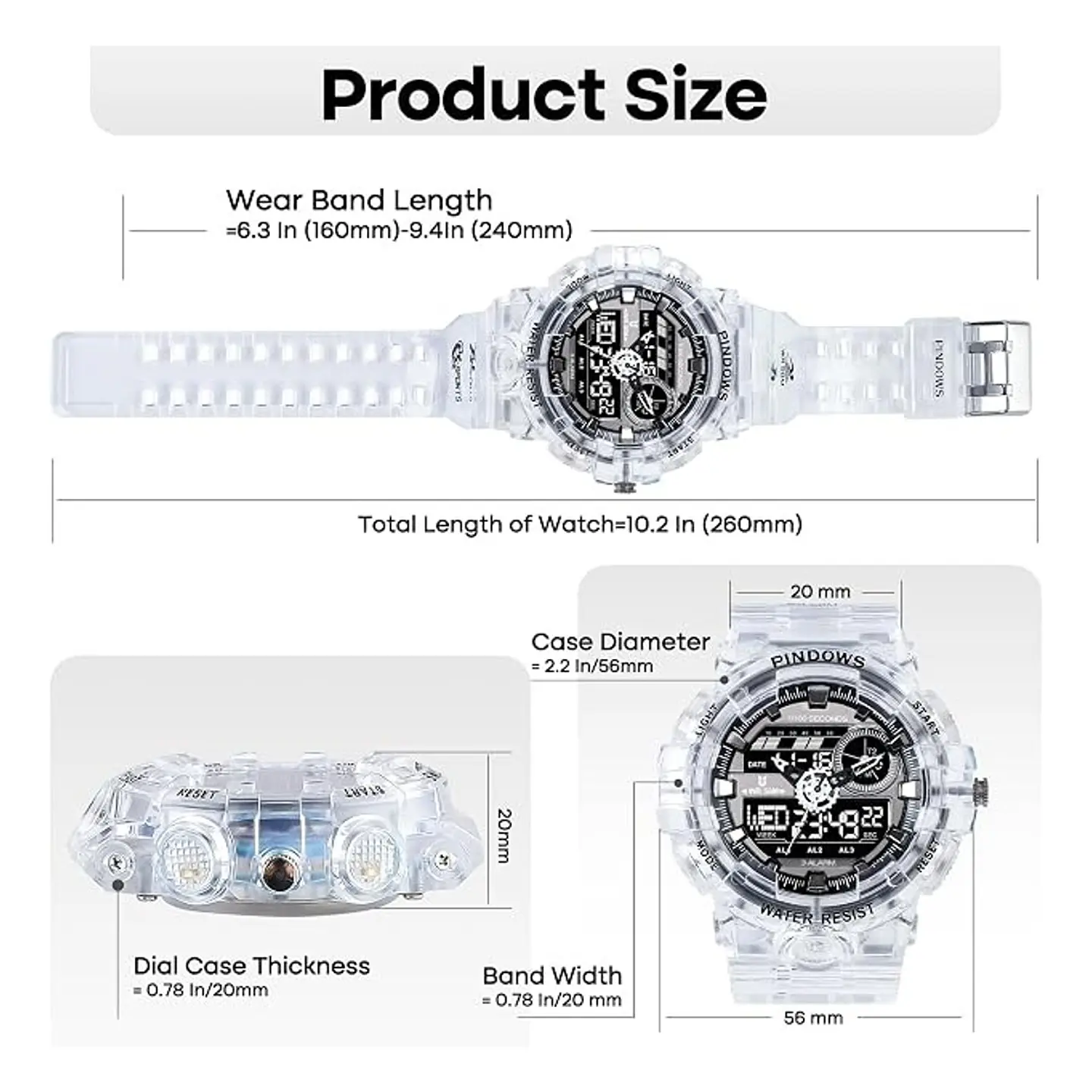 Reloj Deportivo PINDOWS Transparente Negro Analógico Digital 3
