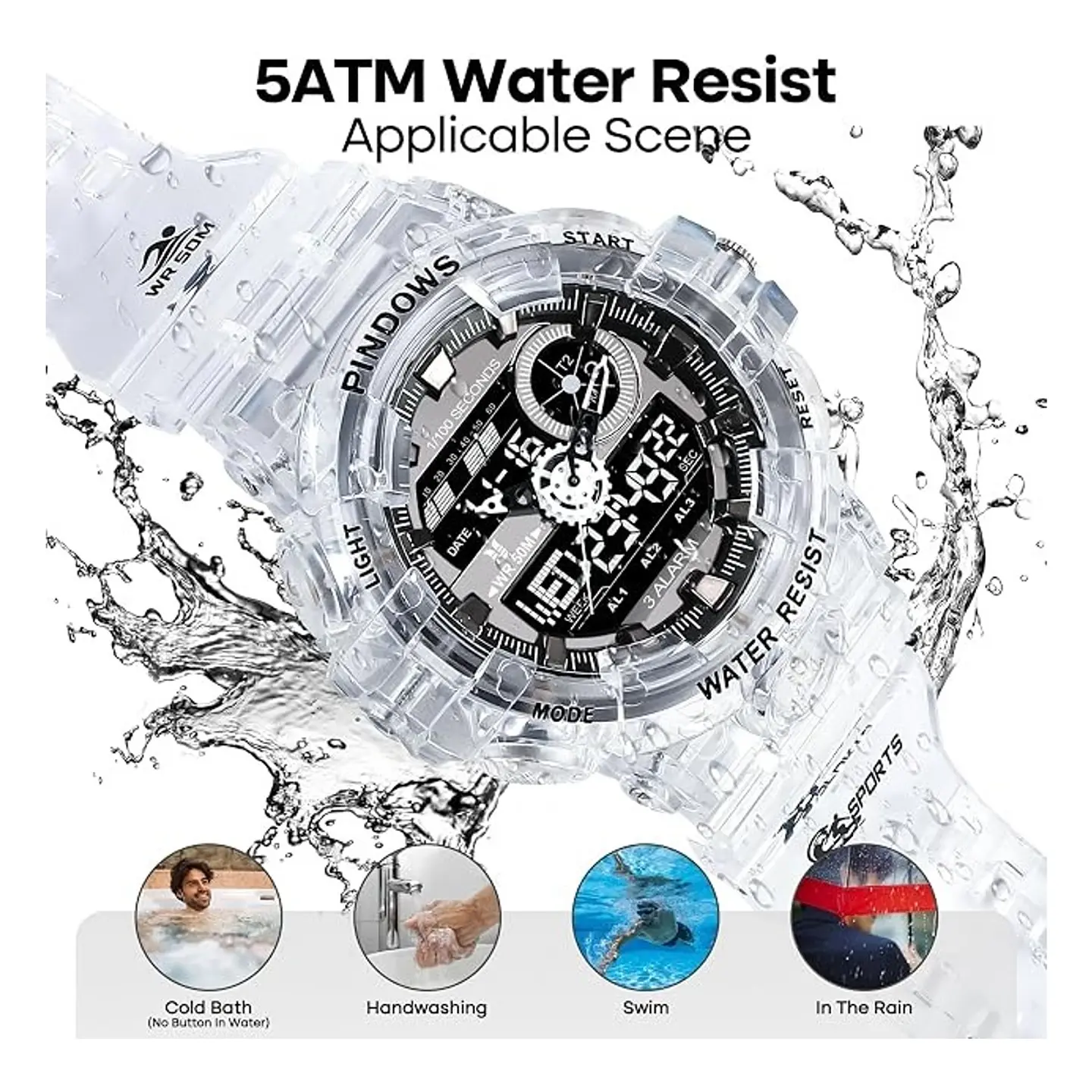 Reloj Deportivo PINDOWS Transparente Negro Analógico Digital 5