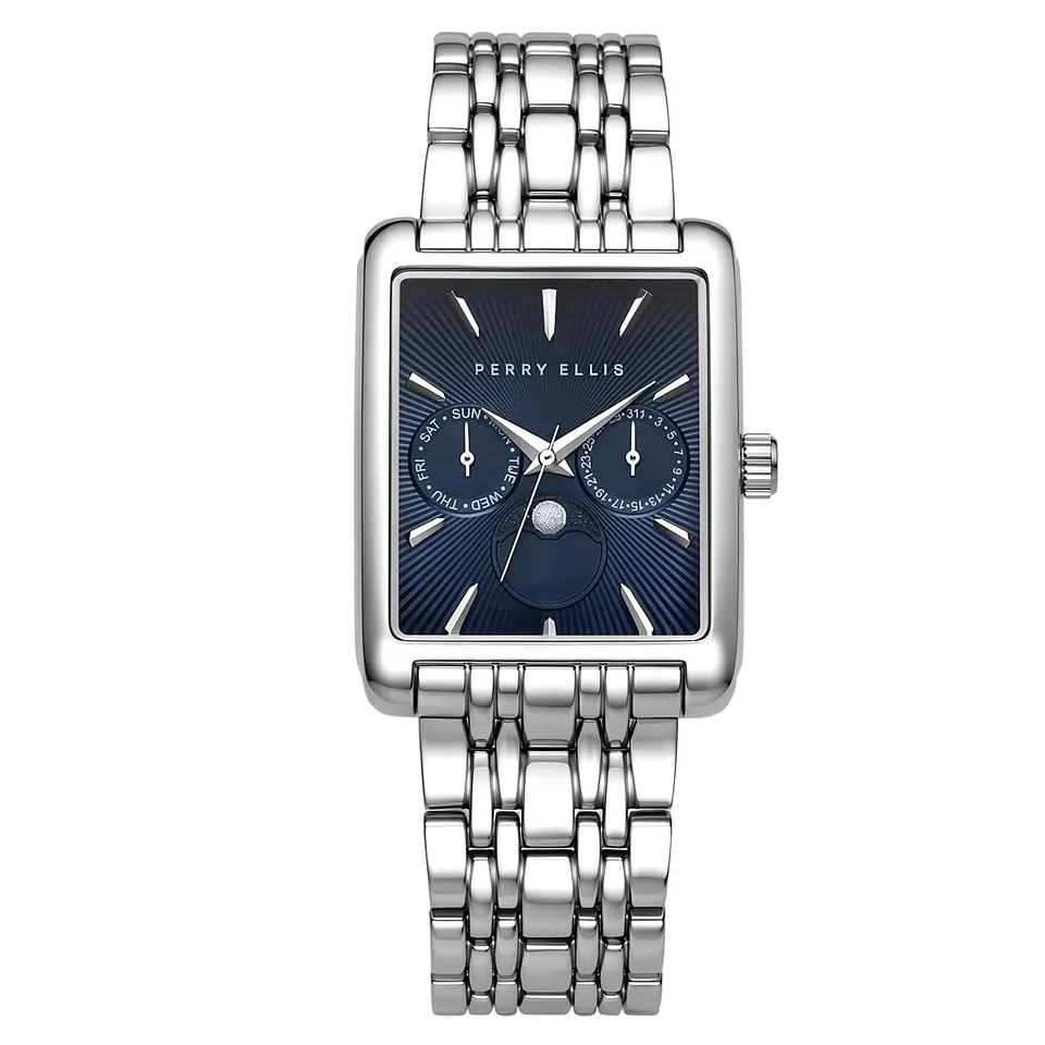 Reloj Perry Ellis PEM0002SL Fase Lunar Rectangular Plateado Azul 1