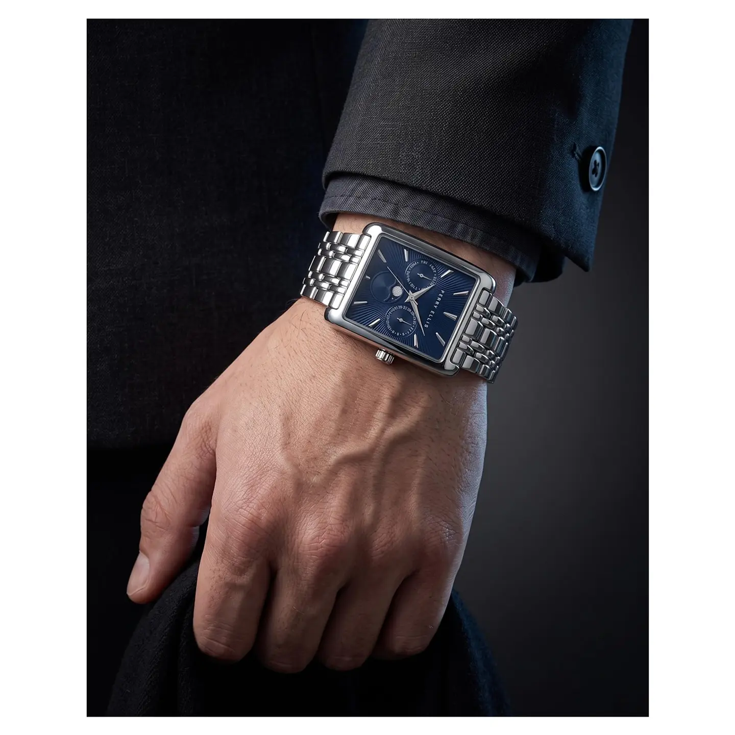 Reloj Perry Ellis PEM0002SL Fase Lunar Rectangular Plateado Azul 5