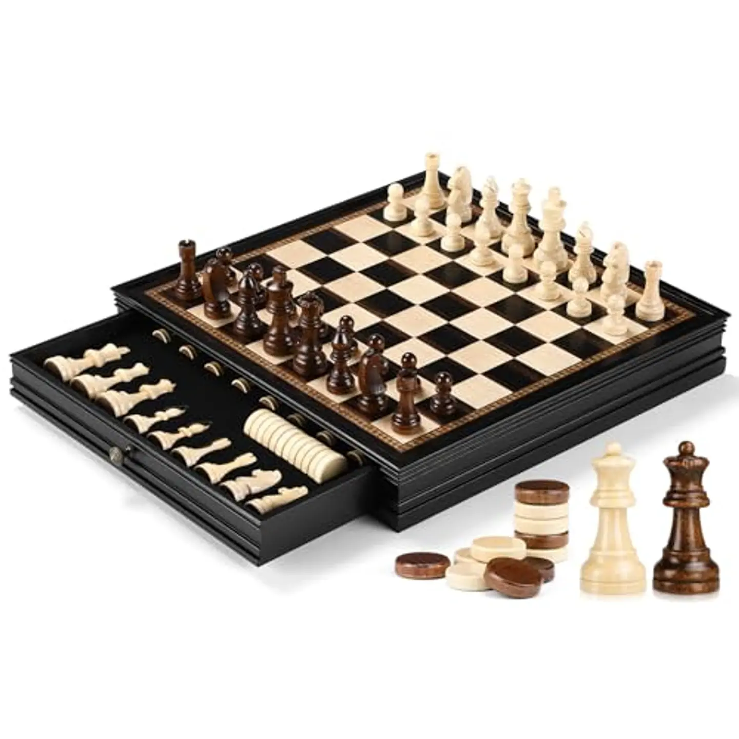 Juego de Ajedrez y Damas Peradix PUZ-47 Negro con Cajones de 15 Pulgadas 1