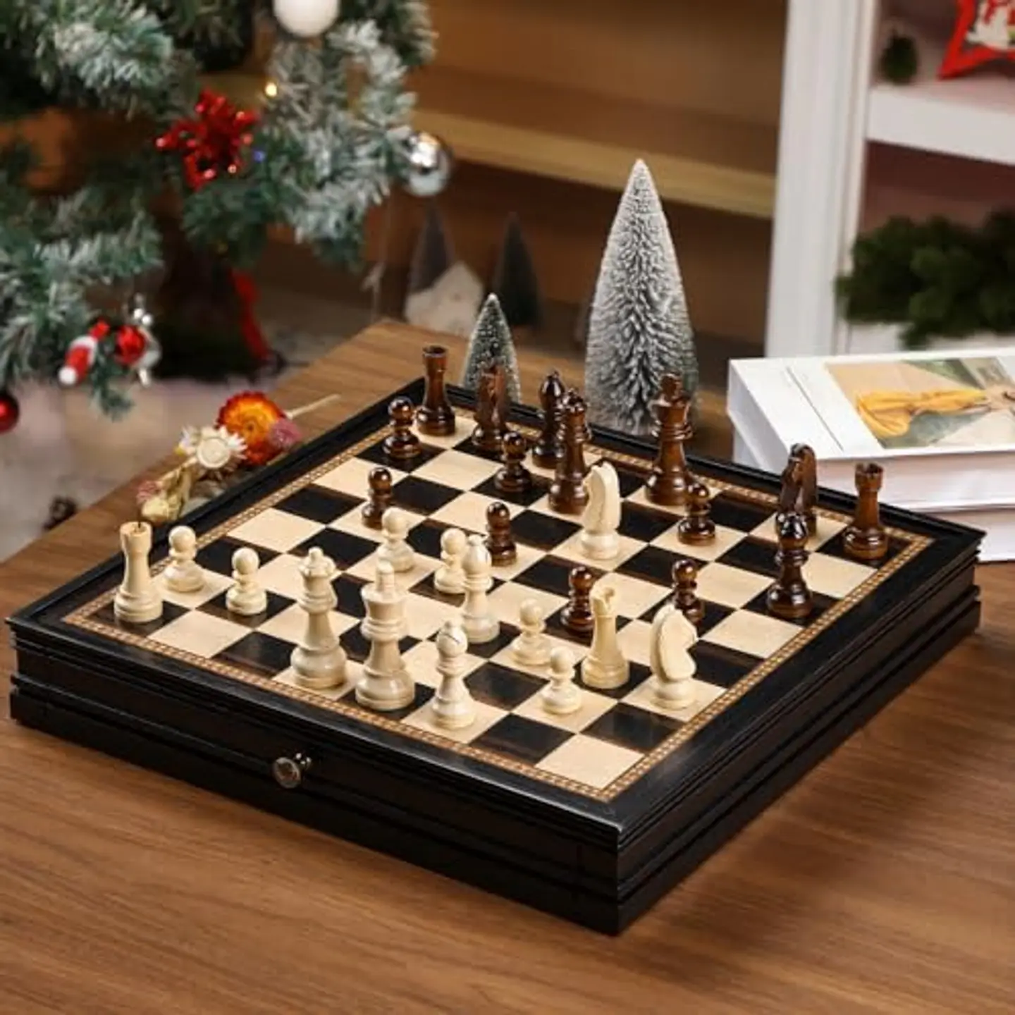 Juego de Ajedrez y Damas Peradix PUZ-47 Negro con Cajones de 15 Pulgadas 2