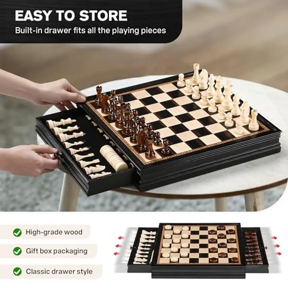 Juego de Ajedrez y Damas Peradix PUZ-47 Negro con Cajones de 15 Pulgadas 3