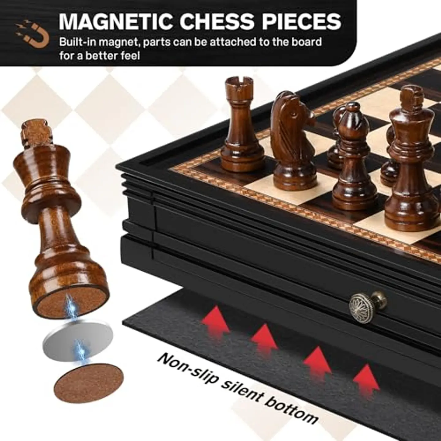 Juego de Ajedrez y Damas Peradix PUZ-47 Negro con Cajones de 15 Pulgadas 4