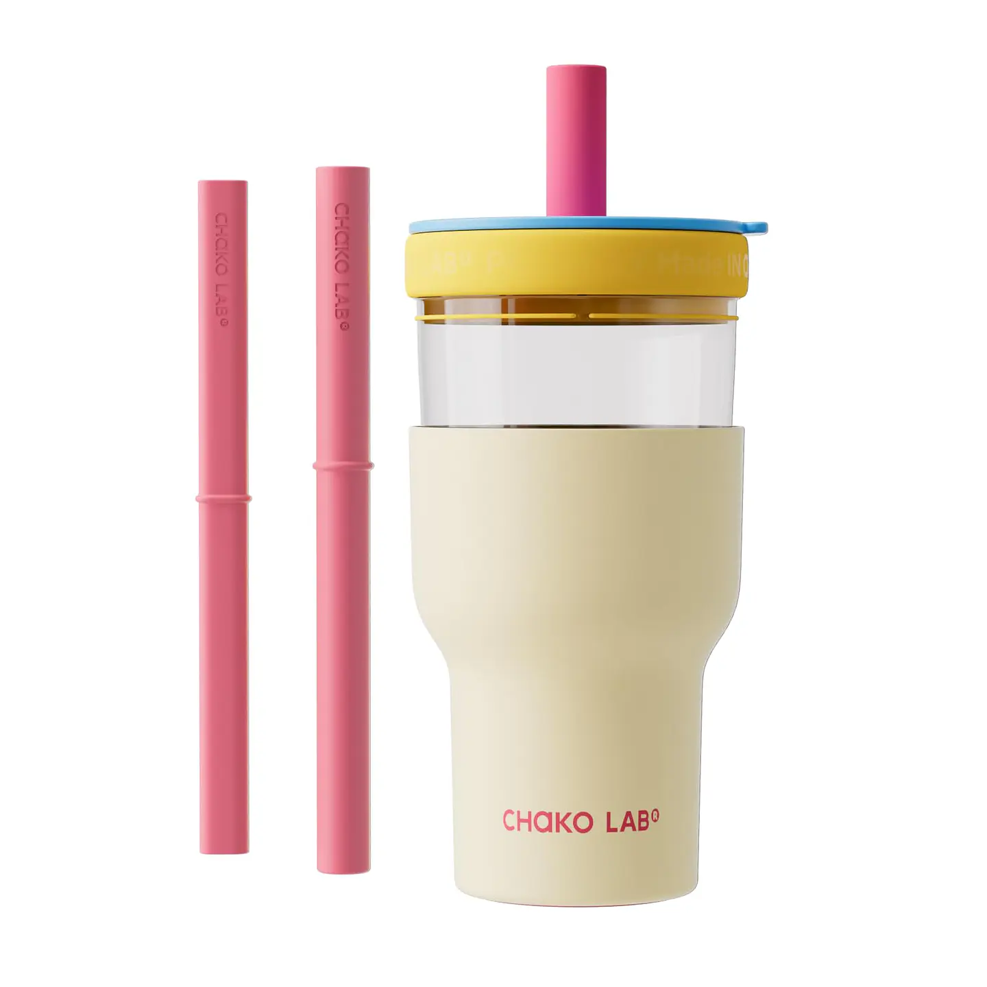Vaso Térmico CHAKO LAB 20 oz Crema con Tapa Azul y 2 Pajillas 1