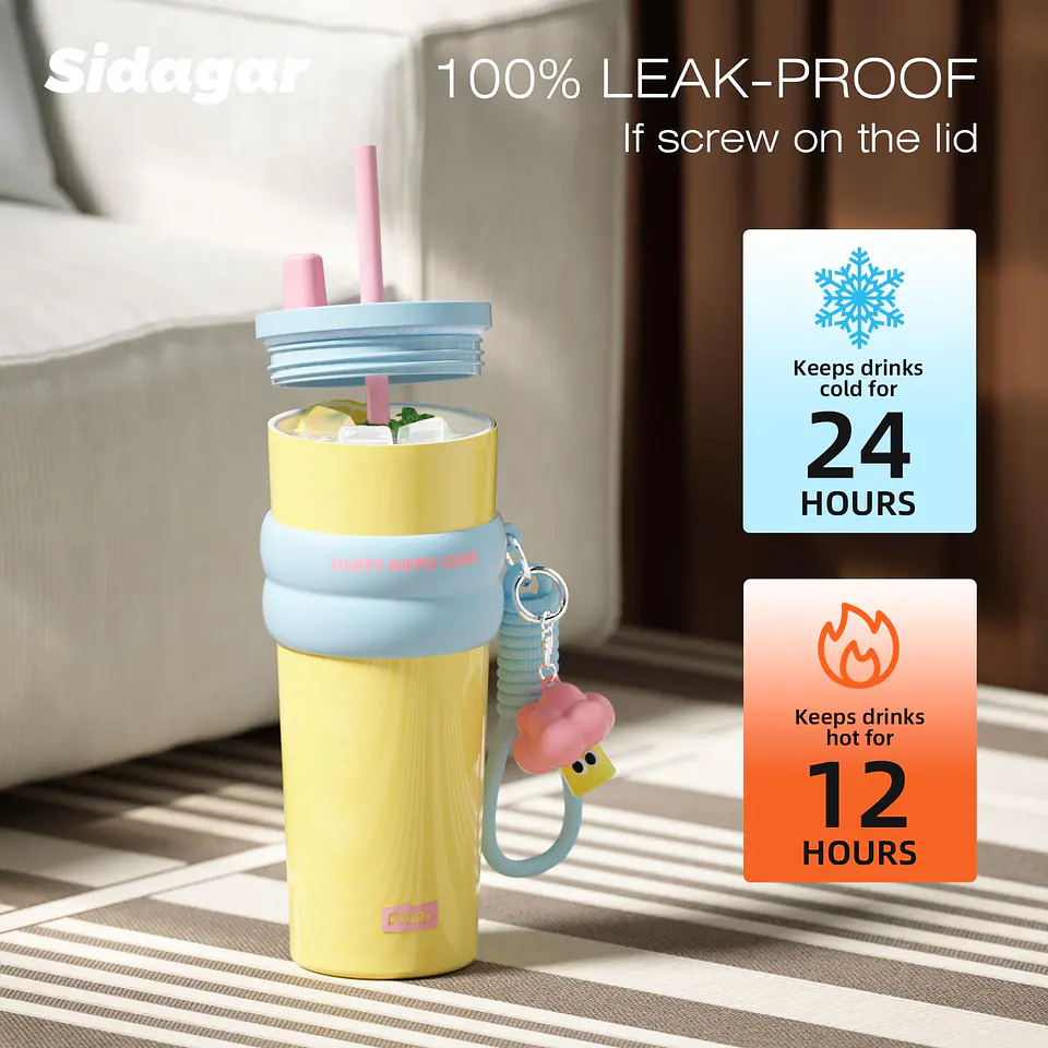 Vaso Térmico SDGA+ 24 oz Amarillo con Tapa Azul y Pajilla 2