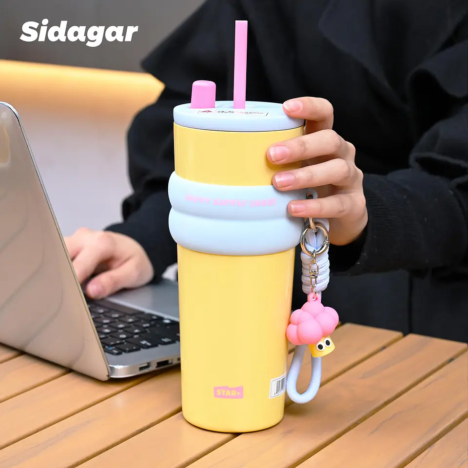 Vaso Térmico SDGA+ 24 oz Amarillo con Tapa Azul y Pajilla 3