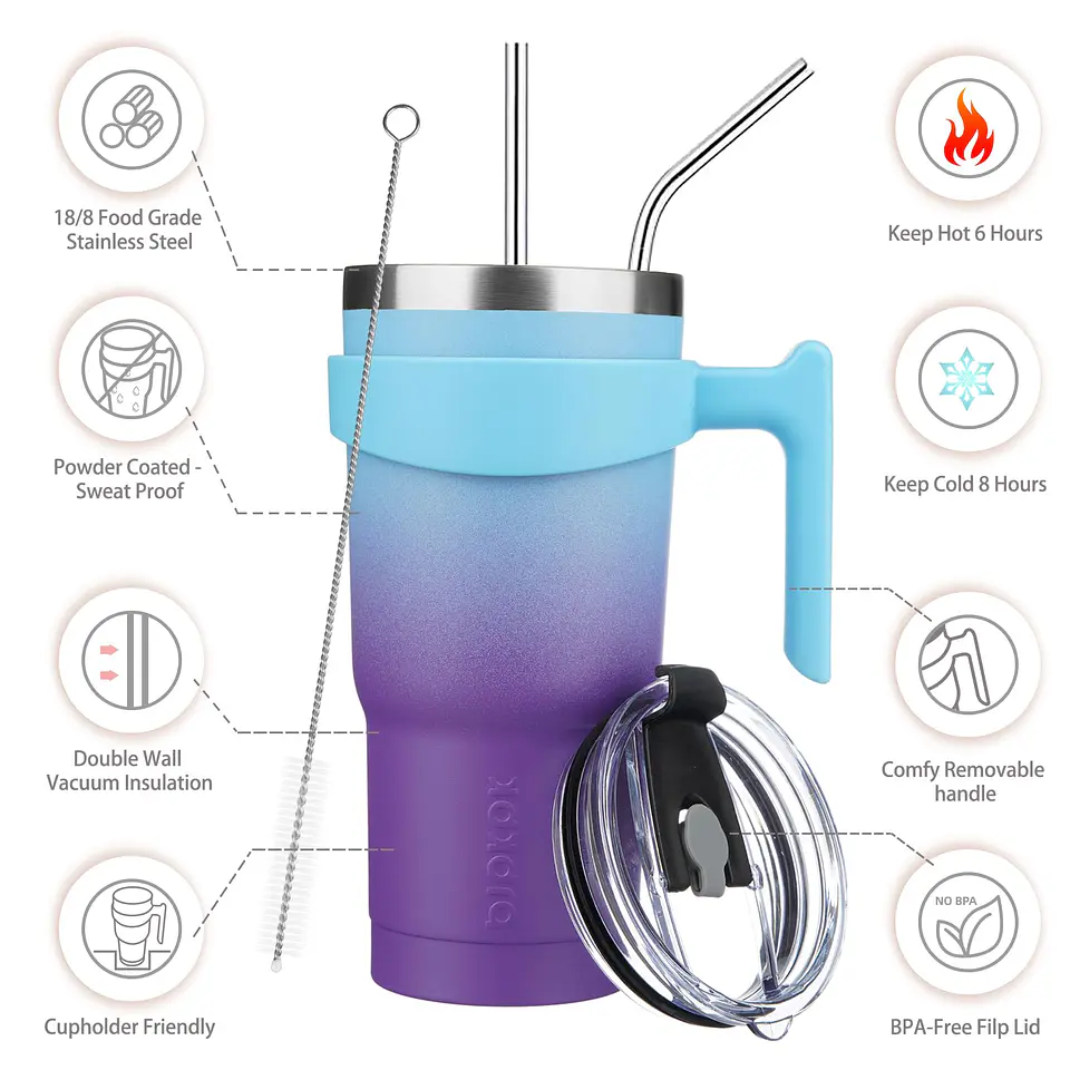 Vaso Térmico BJPKPK 20 oz con Asa Azul y Morado con Pajilla 3