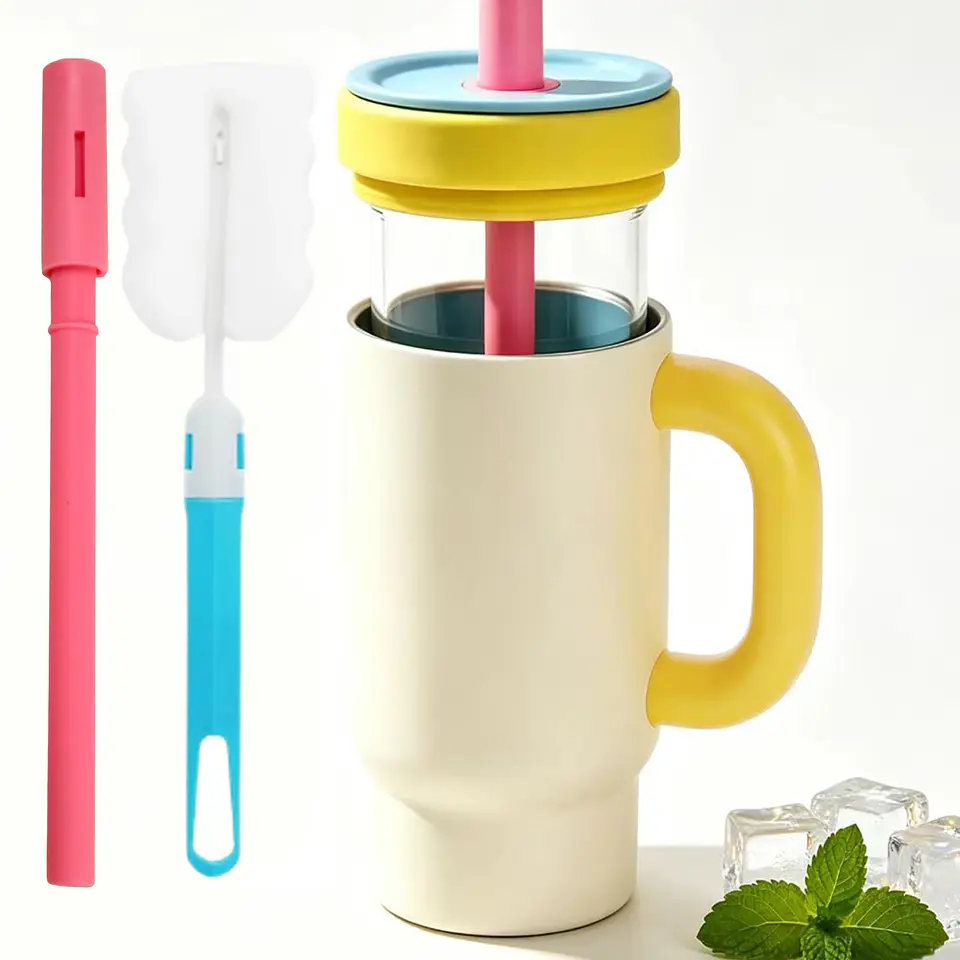 Vaso Térmico Birity 30 oz con Asa Crema y Amarillo, Vidrio y Acero 2 en 1 1