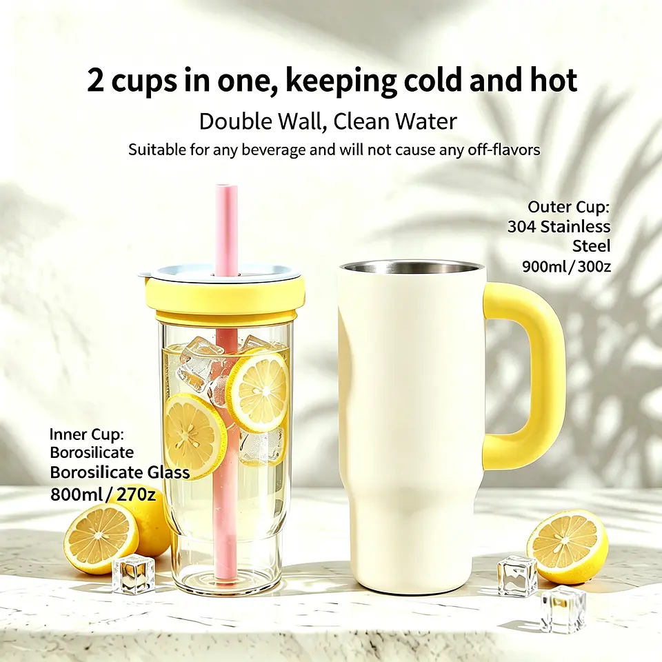 Vaso Térmico Birity 30 oz con Asa Crema y Amarillo, Vidrio y Acero 2 en 1 2