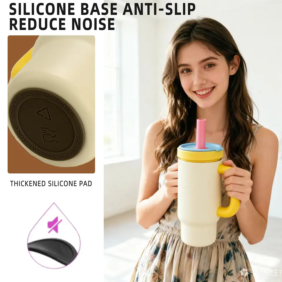 Vaso Térmico Birity 30 oz con Asa Crema y Amarillo, Vidrio y Acero 2 en 1 3