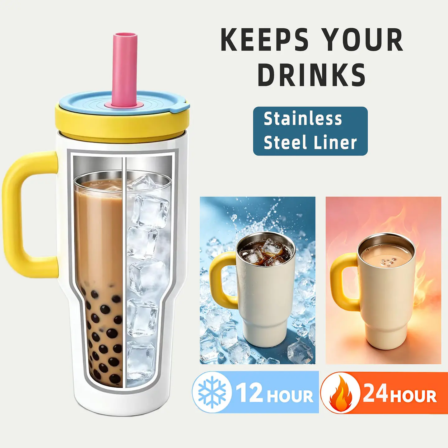 Vaso Térmico Birity 30 oz con Asa Crema y Amarillo, Vidrio y Acero 2 en 1 4