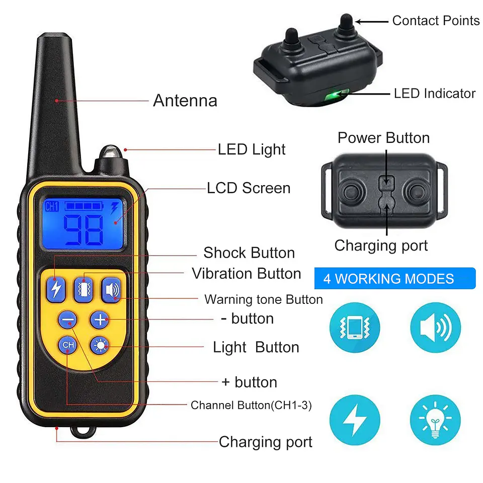 Collar Adiestramiento Perro 800 m Recargable Impermeable LCD hasta 3 Perros 3