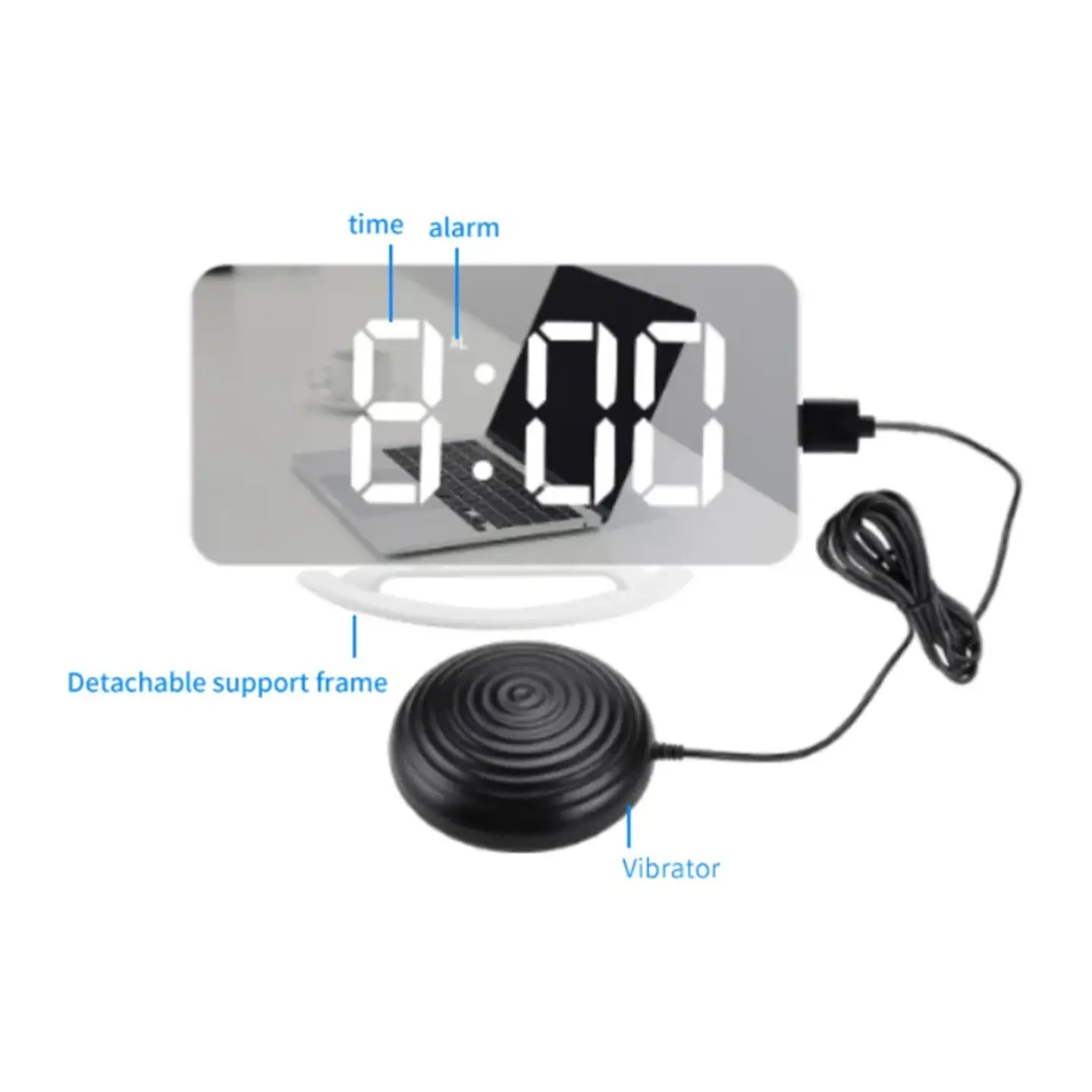 Reloj Despertador Espejo TS-8202 LED Grande con Vibración y Puertos USB Type-C 3