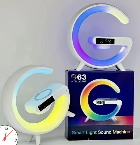 Lámpara LED RGB G63 con Parlante Bluetooth Reloj Despertador y Carga Inalámbrica