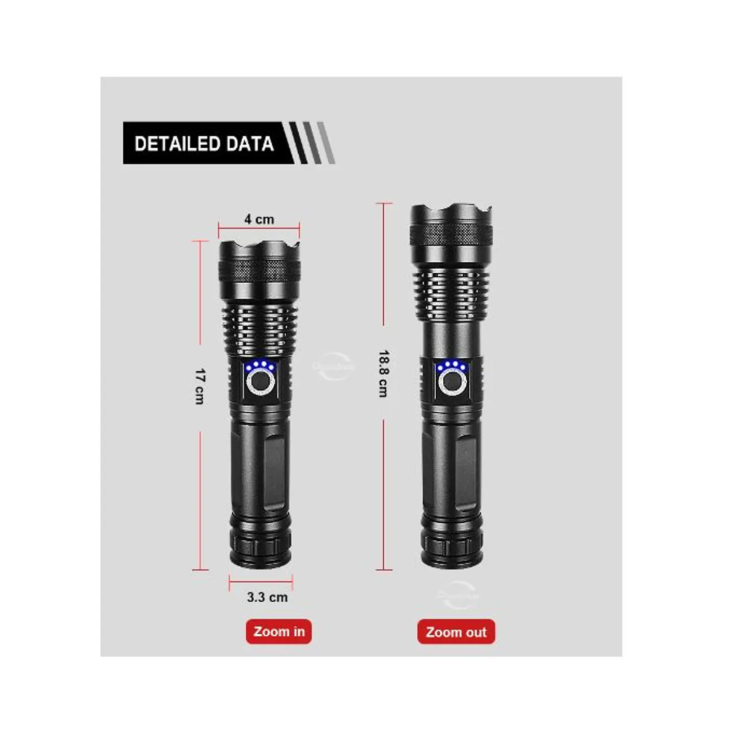 Linterna LED Táctica Daweinuo Recargable USB Zoom Aluminio 5 Modos Alta Potencia 2