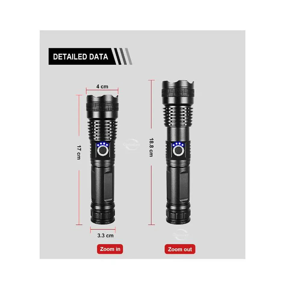 Linterna LED Táctica Daweinuo Recargable USB Zoom Aluminio 5 Modos Alta Potencia 2