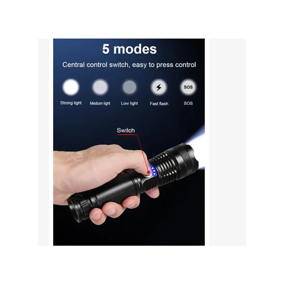 Linterna LED Táctica Daweinuo Recargable USB Zoom Aluminio 5 Modos Alta Potencia 3