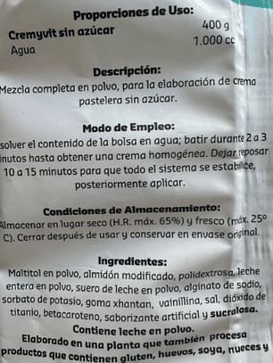 Crema Pastelera Cremyvit Sin Azucar Puratos 400gr