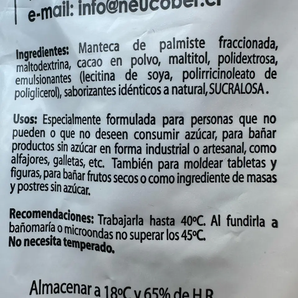 Cobertura Chocolate 407SA Semiamargo Sin Azucar Neucober 1kg 3