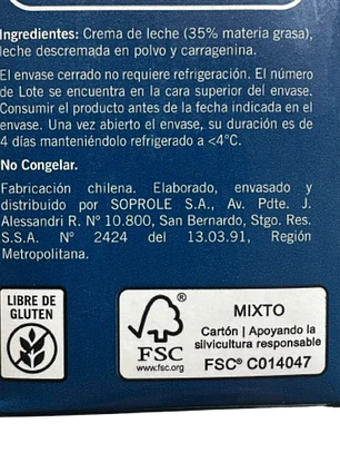 Crema De Leche Para Batir O Cocinar Soprole 1L