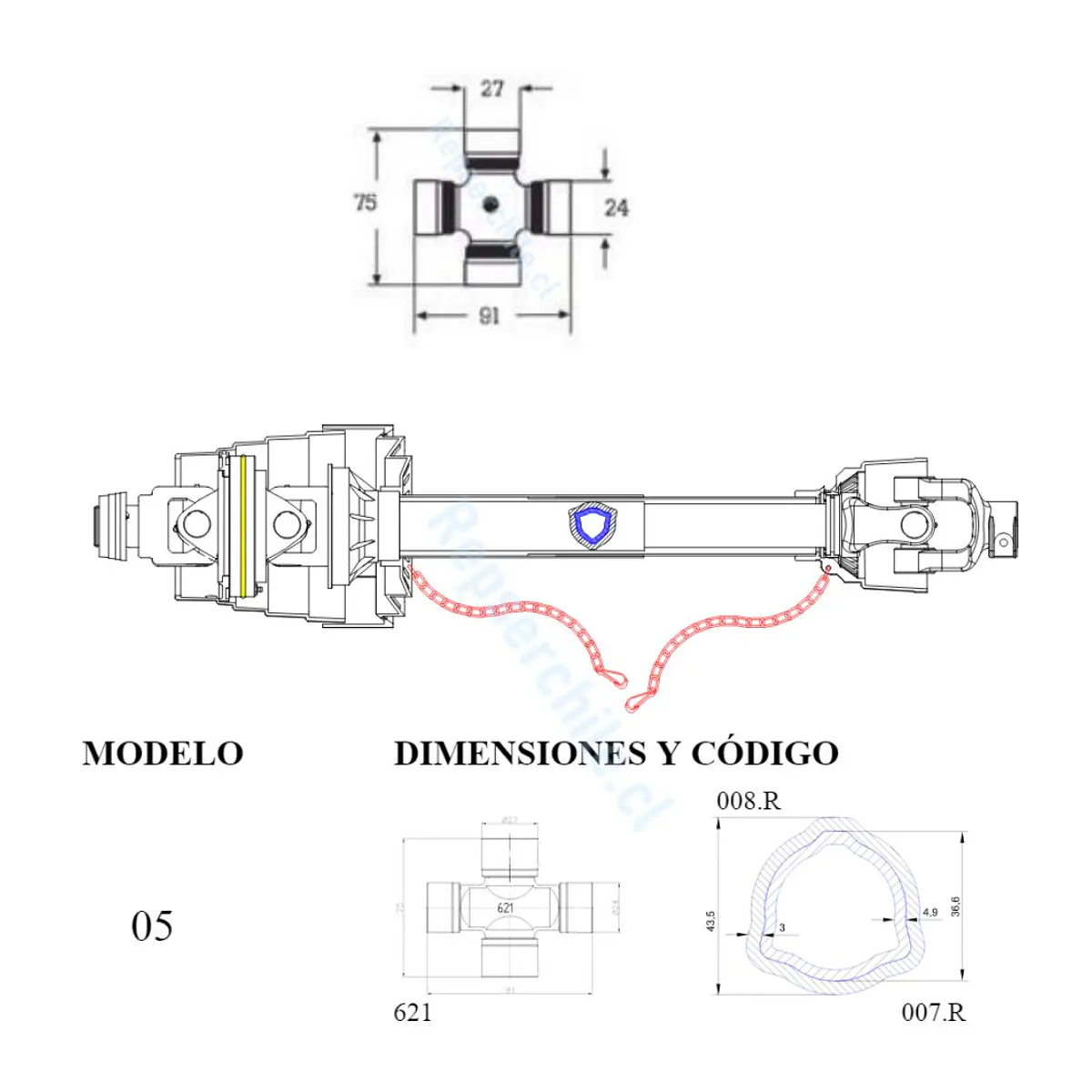 Cardan b4 lc 1300 mm z6 1 3/8 con homocinético single