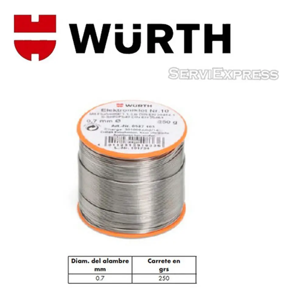 Soldadura Estaño Wurth Aleman. 0,7 Mm Carrete De 250 Grs. 1