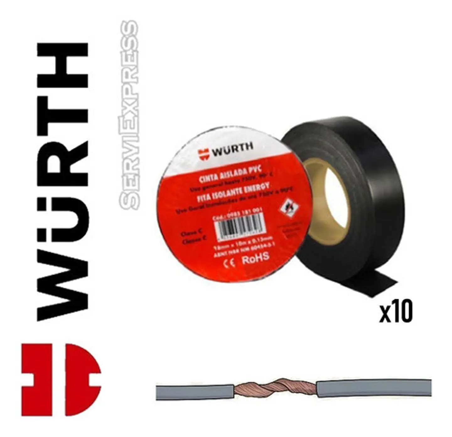 Cinta Aisladora Negra Wurth 19mm X 10m  Pack 10unidades 1