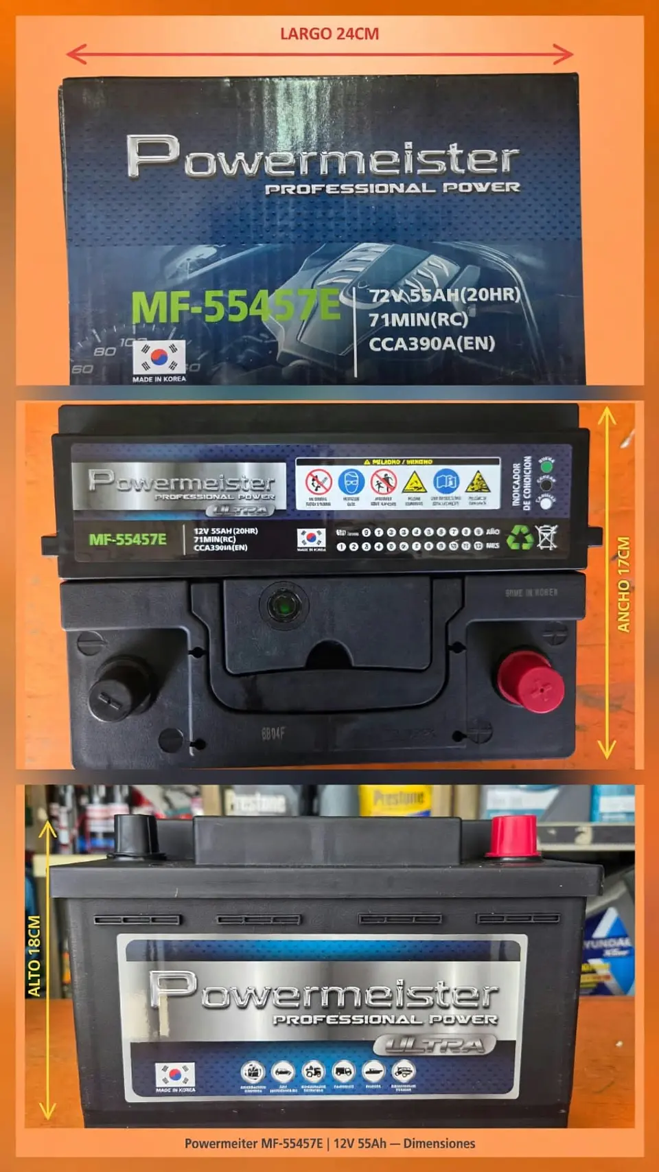 BATERIA DE 55AH 390CCA POWERMEISTER KOREANA POSITIVO DERECHO 1