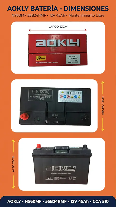BATERIA DE 45AH 510CCA AOKLY POSITIVO A LA IZQUIERDA 