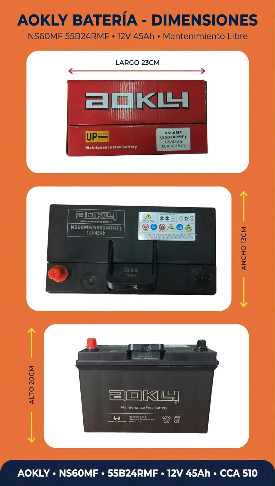 BATERIA DE 45AH 510CCA AOKLY POSITIVO A LA IZQUIERDA  1
