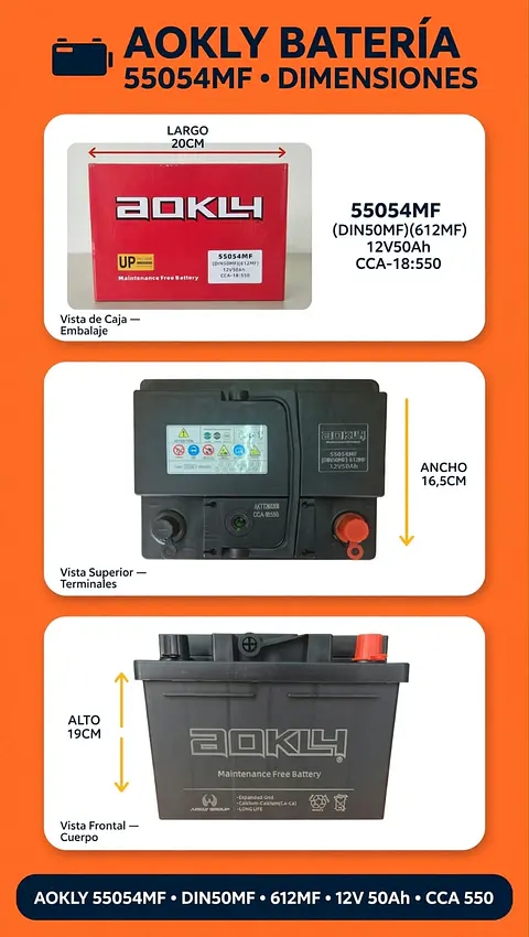 BATERIA DE 50AH 550CCA AOKLY POSITIVO A LA DERECHA 