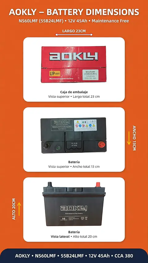 BATERIA DE 45AH 380CCA AOKLY POSITIVO A LA DERECHA 