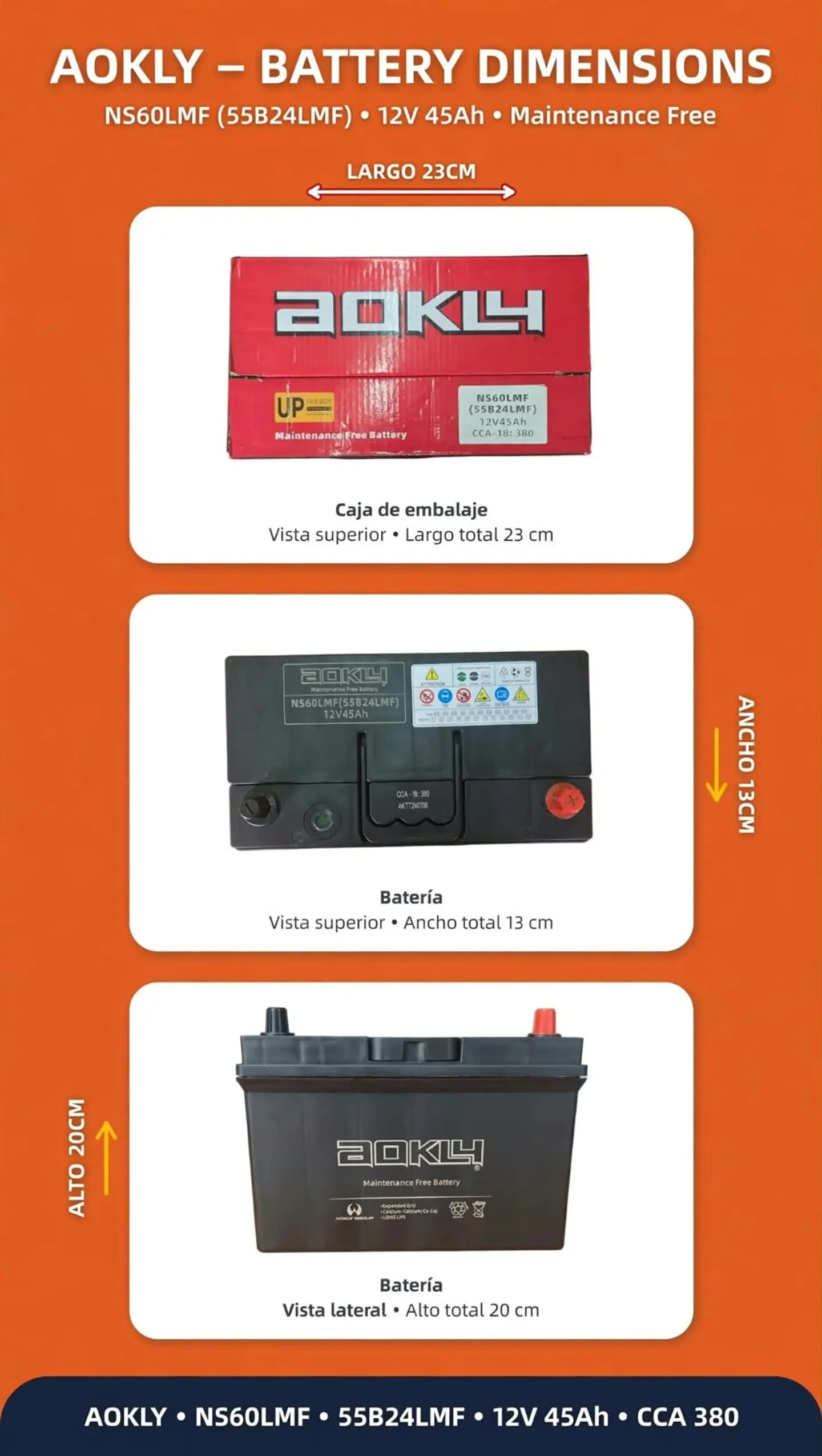 BATERIA DE 45AH 380CCA AOKLY POSITIVO A LA DERECHA  1