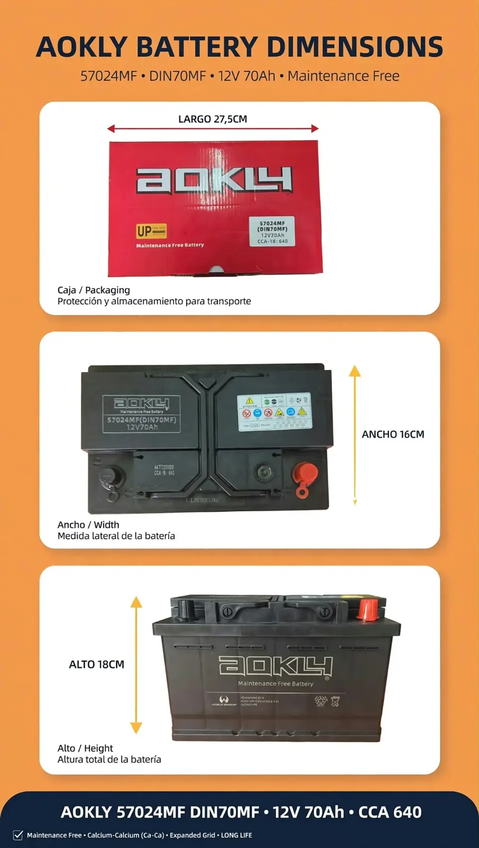 BATERIA DE 70AH 640CC AOKLY POSITIVO A LA DERECHA  1