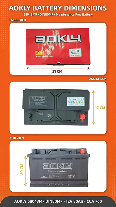 BATERIA DE 80AH 760CCA AOKLY POSITIVO A LA DERECHA 