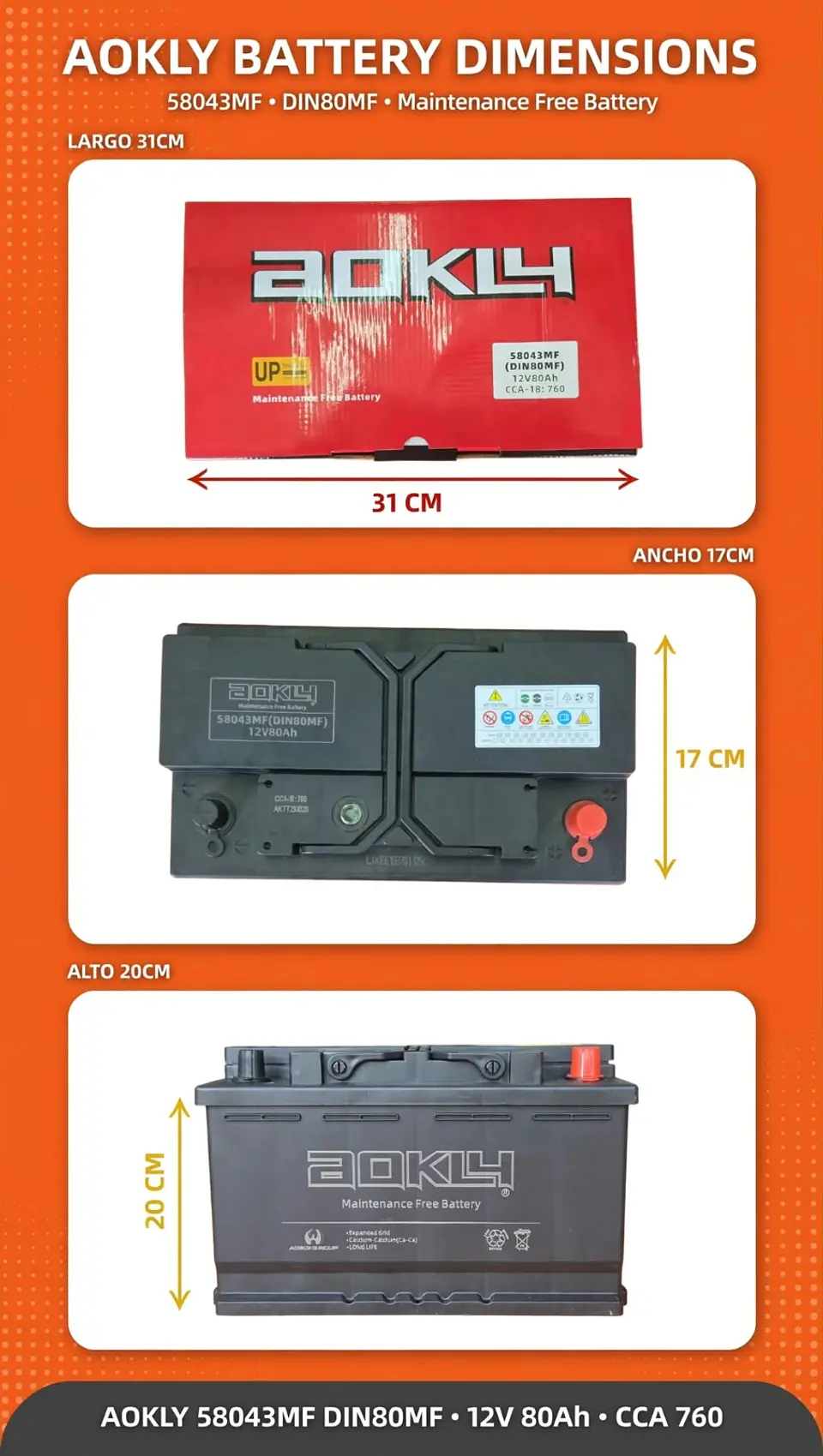 BATERIA DE 80AH 760CCA AOKLY POSITIVO A LA DERECHA  1