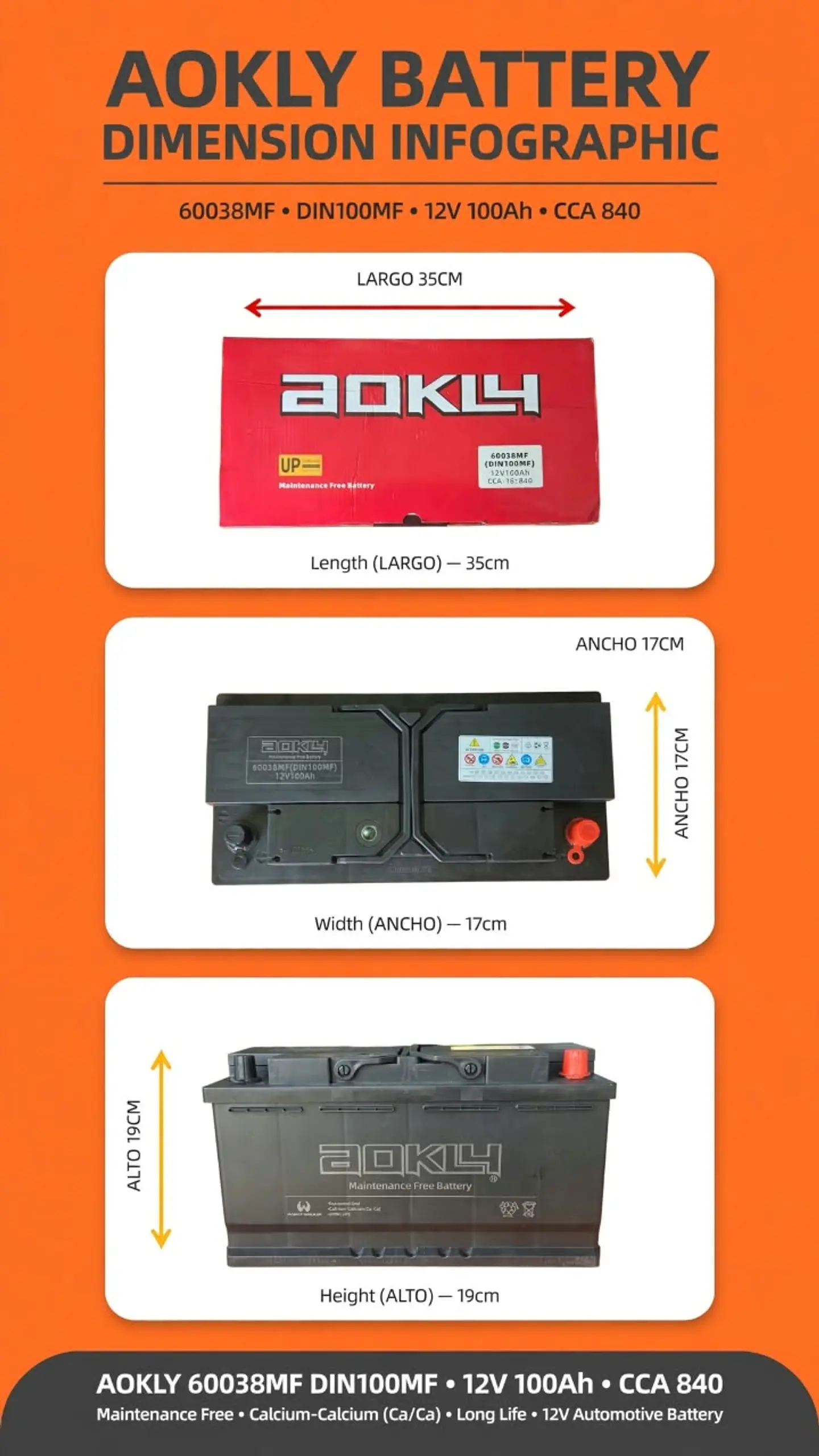 BATERIA DE 100AH 840CCA AOKLY POSITIVO A LA DERECHA  1
