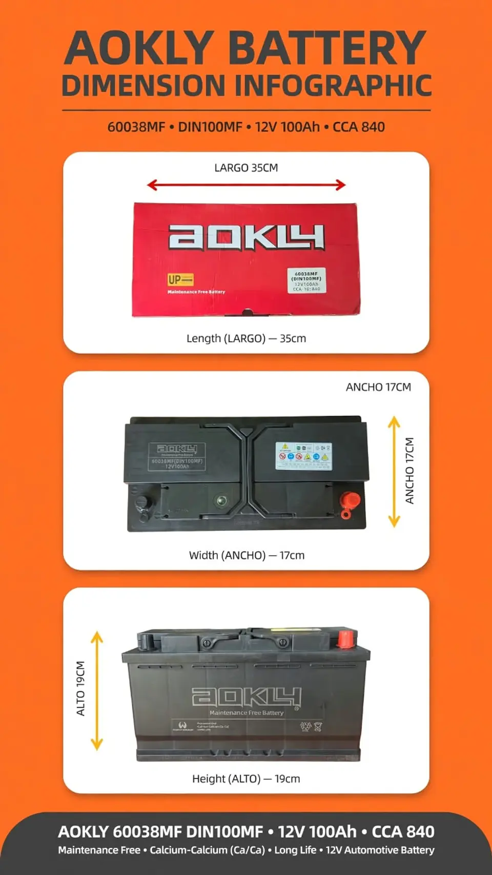 BATERIA DE 100AH 840CCA AOKLY POSITIVO A LA DERECHA  1