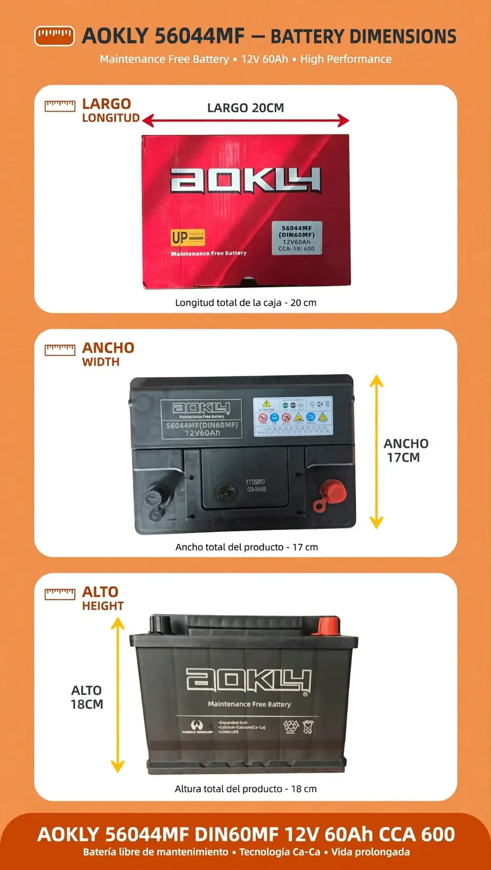 BATERIA DE 60AH 600CCA AOKLY BAJA POSITIVO A LA DERECHA  1