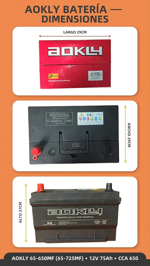 BATERIA DE 75AH 650CCA AOKLY POSITIVO A LA IZQUIERDA 