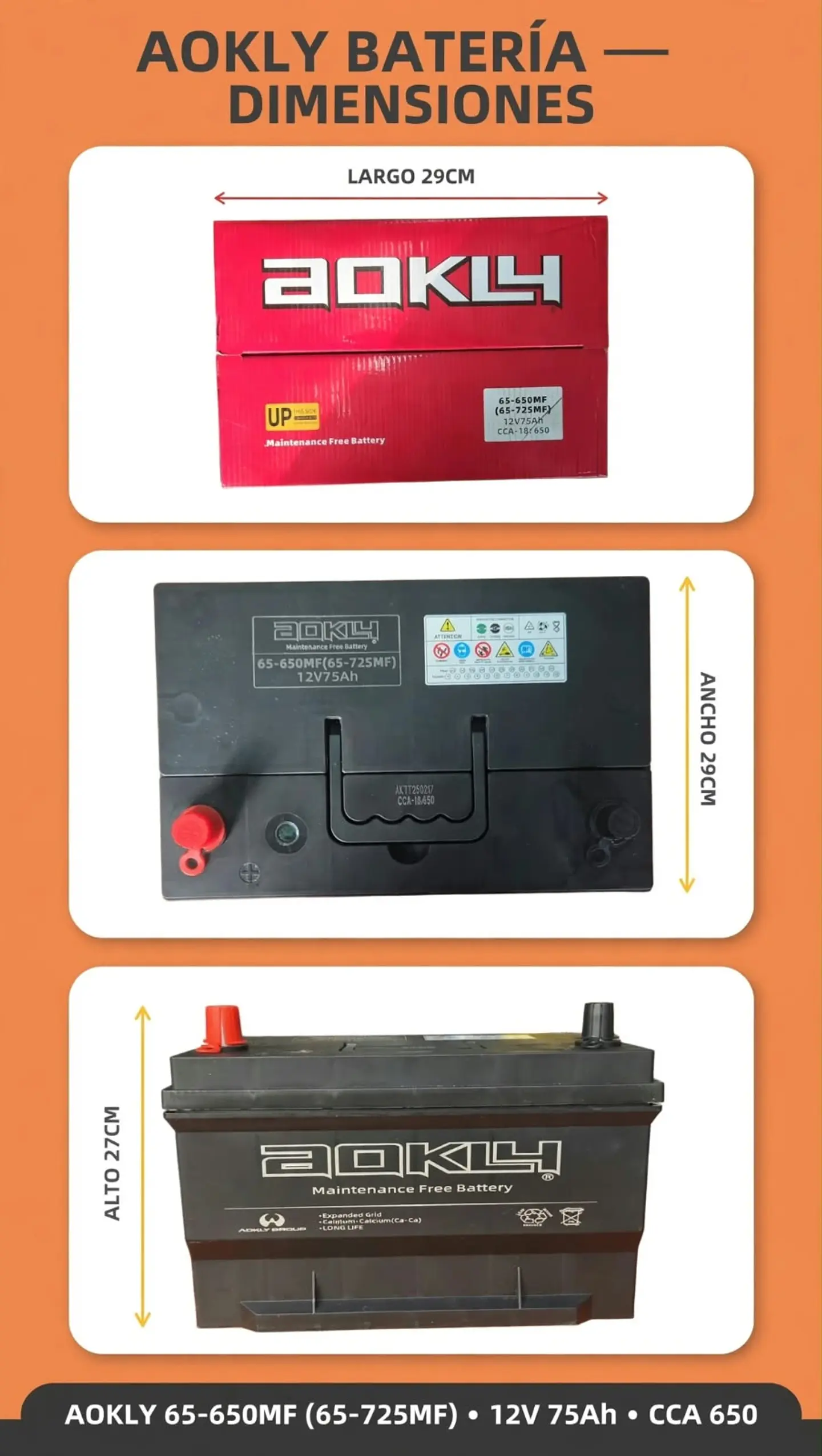 BATERIA DE 75AH 650CCA AOKLY POSITIVO A LA IZQUIERDA  1
