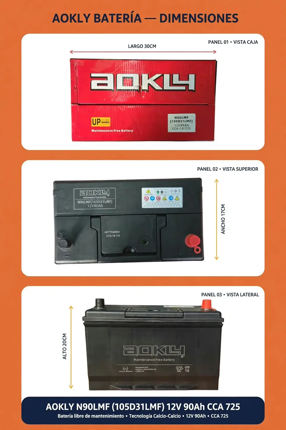BATERIA DE 90AH 725CCA AOKLY POSITIVO A LA DERECHA  1